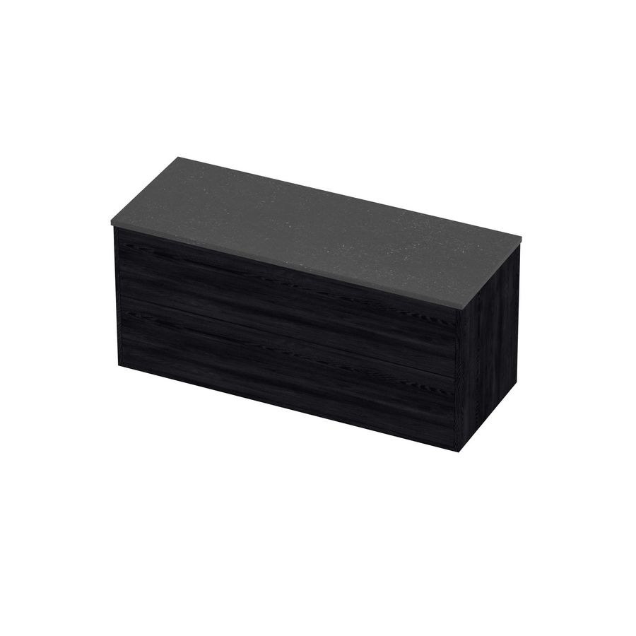 Deck Set Top afdekplaat hardsteen en onderkast tbv grepen 2 laden symmetrisch in kader 1200x460x540mm Blue stone/Black oak