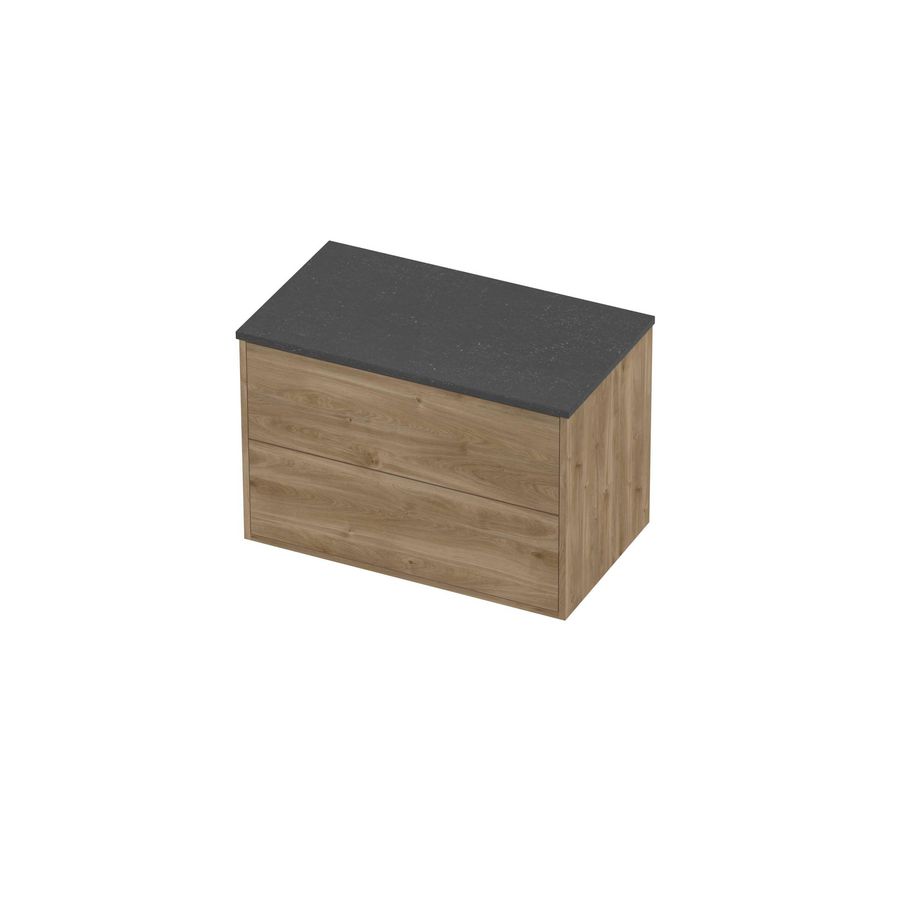 Deck Set Top afdekplaat hardsteen en onderkast tbv grepen 2 laden symmetrisch in kader 800x460x540mm Blue stone/Cider oak