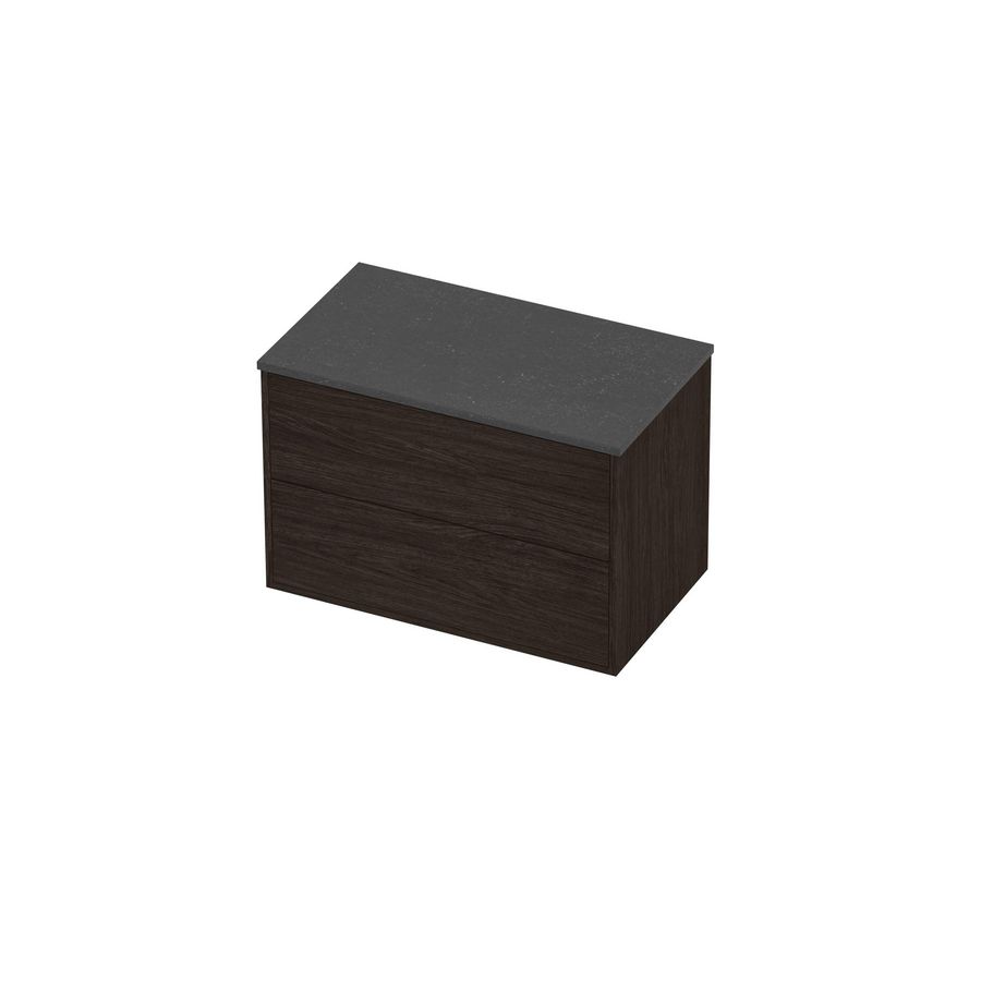 Deck Set Top afdekplaat hardsteen en onderkast tbv grepen 2 laden symmetrisch in kader 800x460x540mm Blue stone/Mokka oak