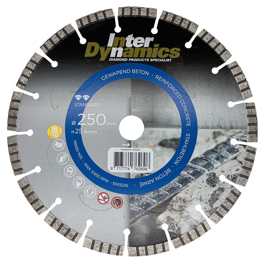 Beton Standard diamantzaagblad 250mm asgat 25.4mm