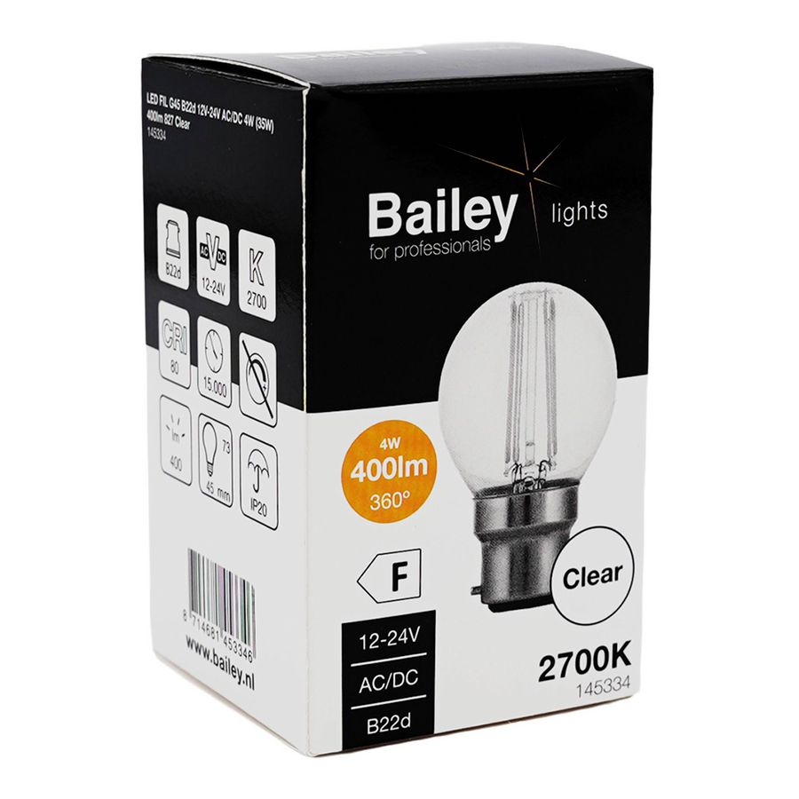 LED-lamp G45 FIL B22d 12V-24V AC/DC 4W 35W 400lm 827 helder