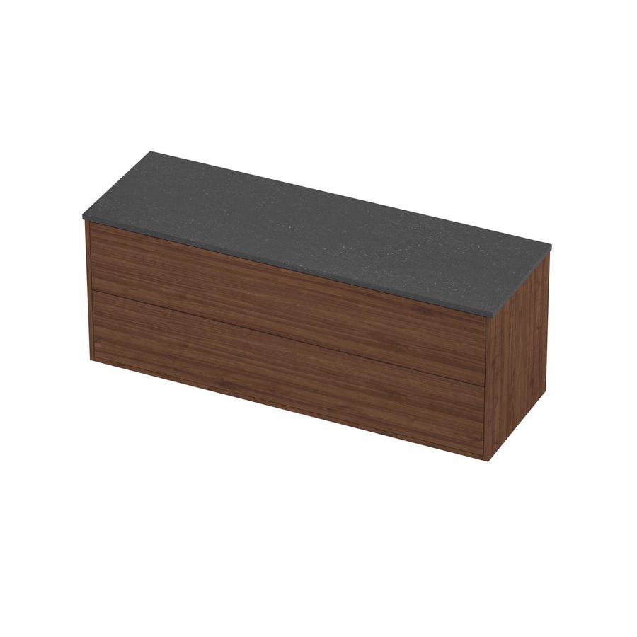 Deck Set Top afdekplaat hardsteen en onderkast tbv grepen 2 laden symmetrisch in kader 1400x460x540mm Blue stone/Indian walnut
