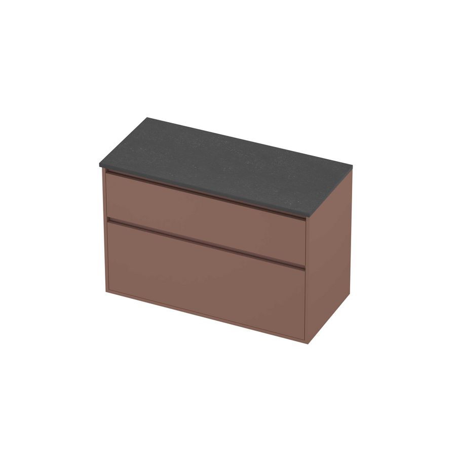 Deck Set Top afdekplaat hardsteen en onderkast greeploos 2 laden a-symmetrisch in kader 1000x460x670mm Blue stone/Beauty blush