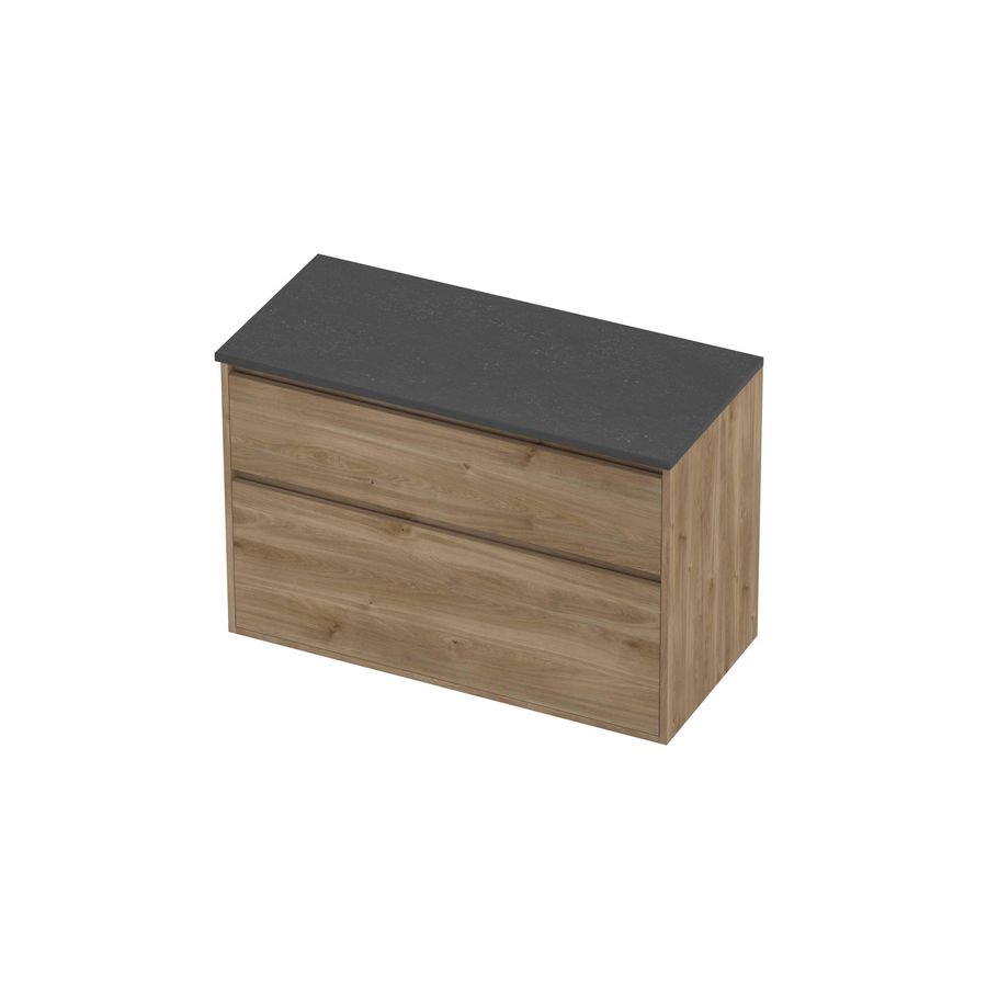 Deck Set Top afdekplaat hardsteen en onderkast greeploos 2 laden a-symmetrisch in kader 1000x460x670mm Blue stone/Cider oak