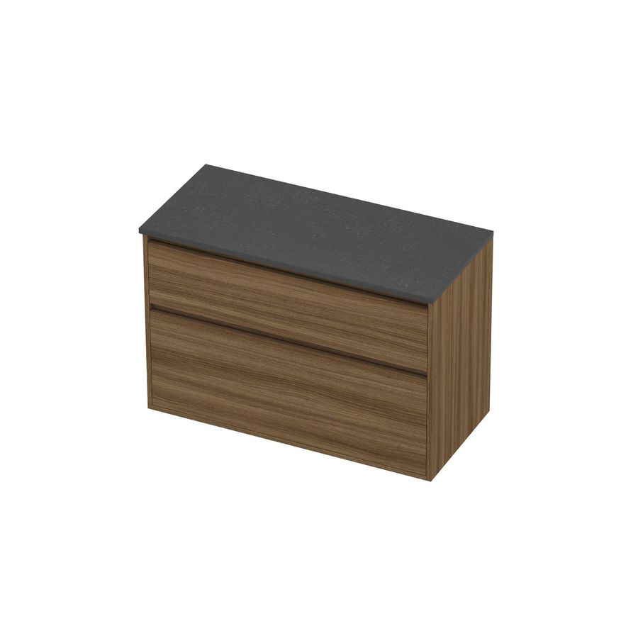 Deck Set Top afdekplaat hardsteen en onderkast greeploos 2 laden a-symmetrisch in kader 1000x460x670mm Blue stone/Caramel walnut