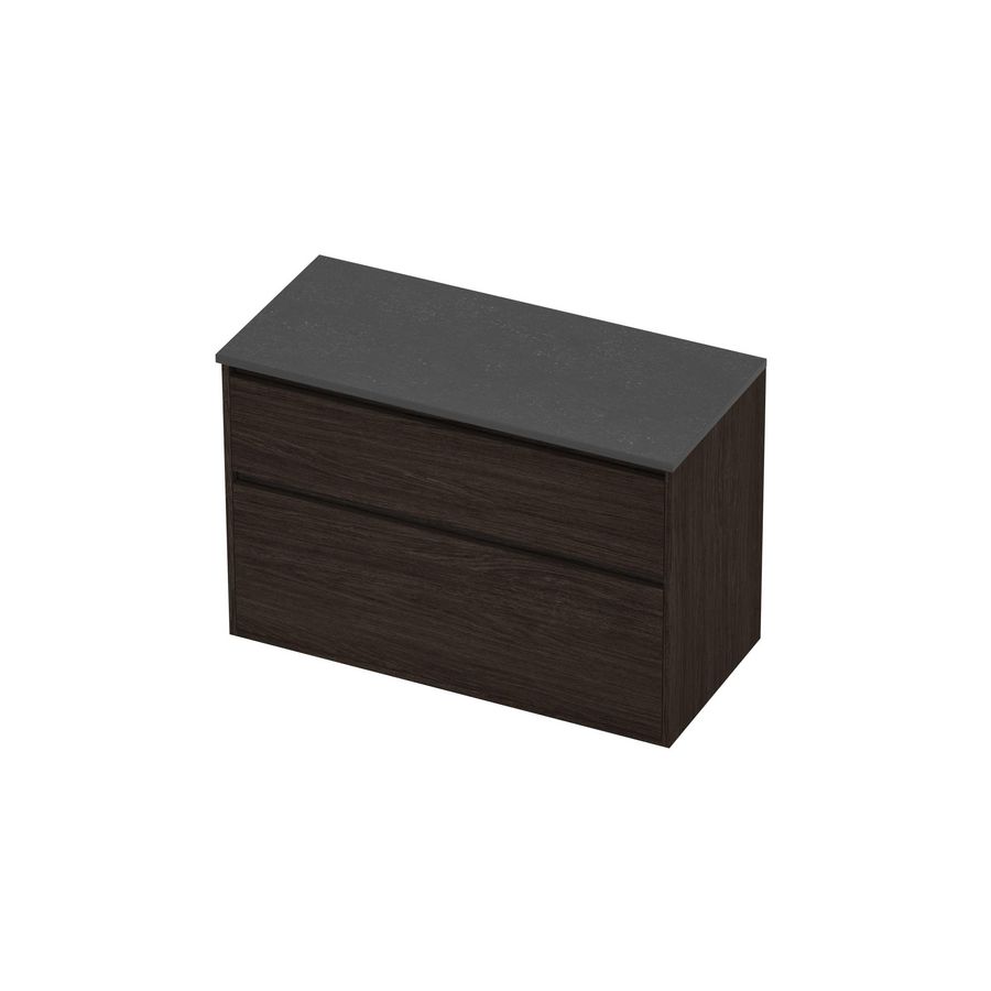 Deck Set Top afdekplaat hardsteen en onderkast greeploos 2 laden a-symmetrisch in kader 1000x460x670mm Blue stone/Mokka oak