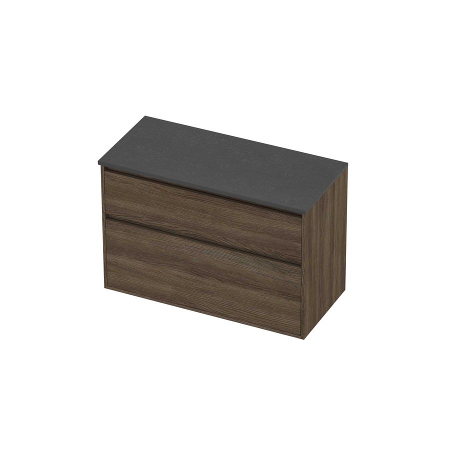 Deck Set Top afdekplaat hardsteen en onderkast greeploos 2 laden a-symmetrisch in kader 1000x460x670mm Blue stone/Vital oak