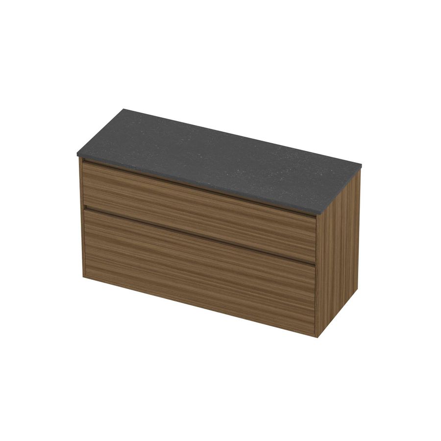 Deck Set Top afdekplaat hardsteen en onderkast greeploos 2 laden a-symmetrisch in kader 1200x460x670mm Blue stone/Caramel walnut