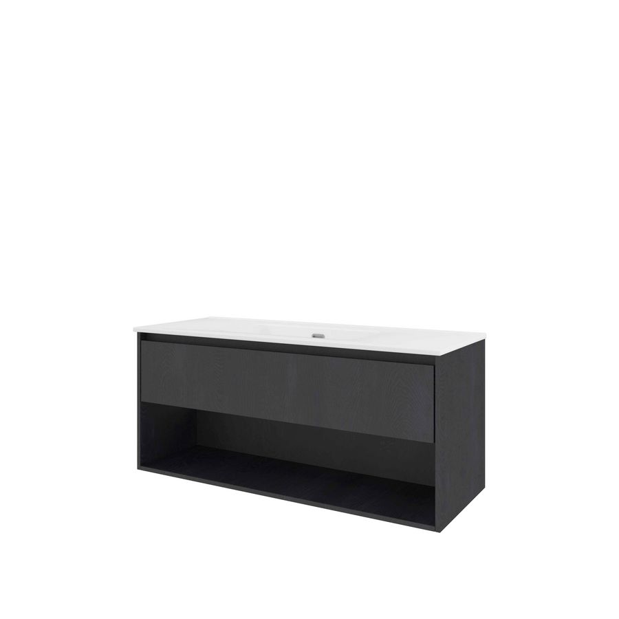 Set Proline porselein Elegant enkele wastafel wit zonder kraangat onderkast 1x lade+schap black oak 120x46cm