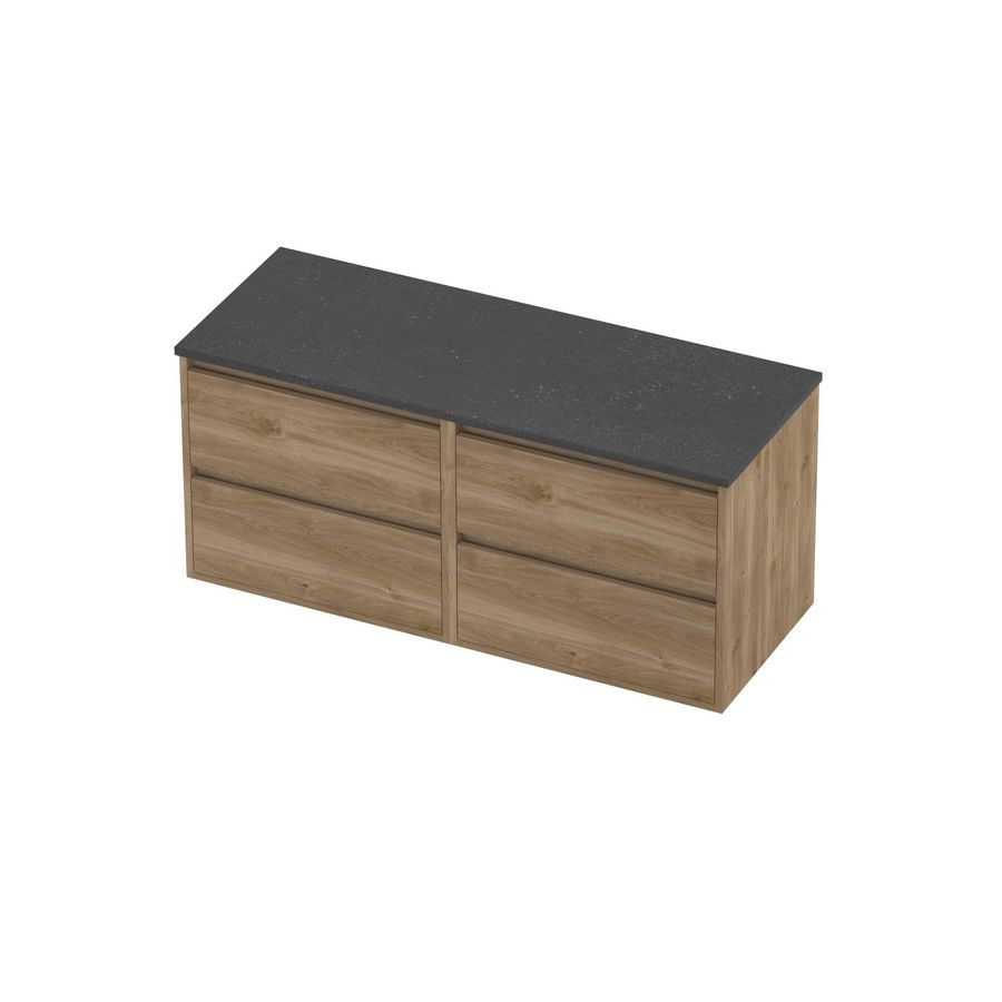 Deck Set Top afdekplaat hardsteen en onderkast greeploos 4 laden symmetrisch in kader 1200x460x540mm Blue stone/Cider oak