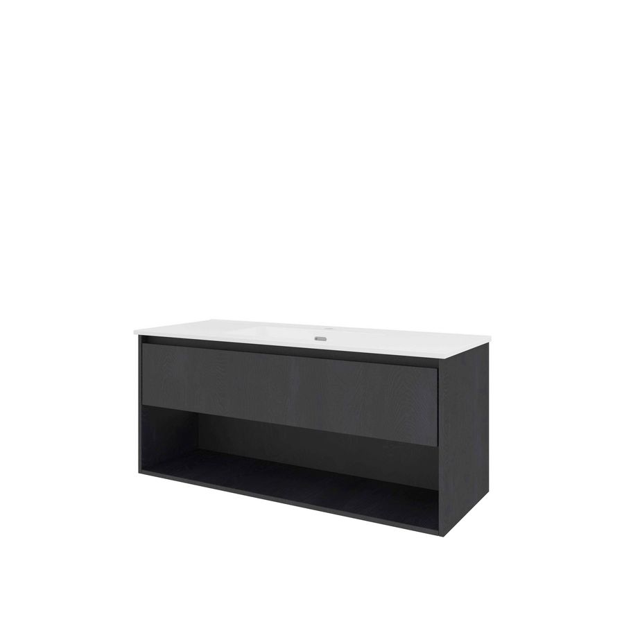 Set Proline porselein Elegant enkele wastafel wit met 1 kraangat onderkast 1x lade+schap black oak 120x46cm