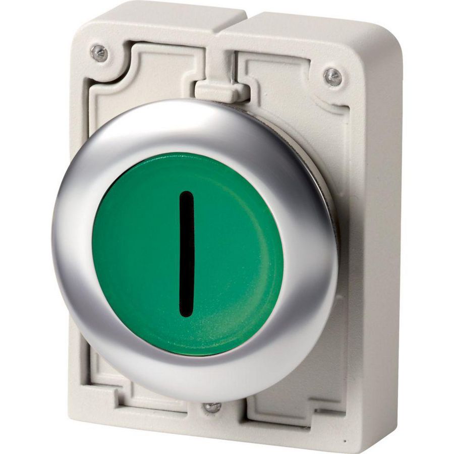 Signaaldrukknop 30mm RVS vlak groen "I" terugverend