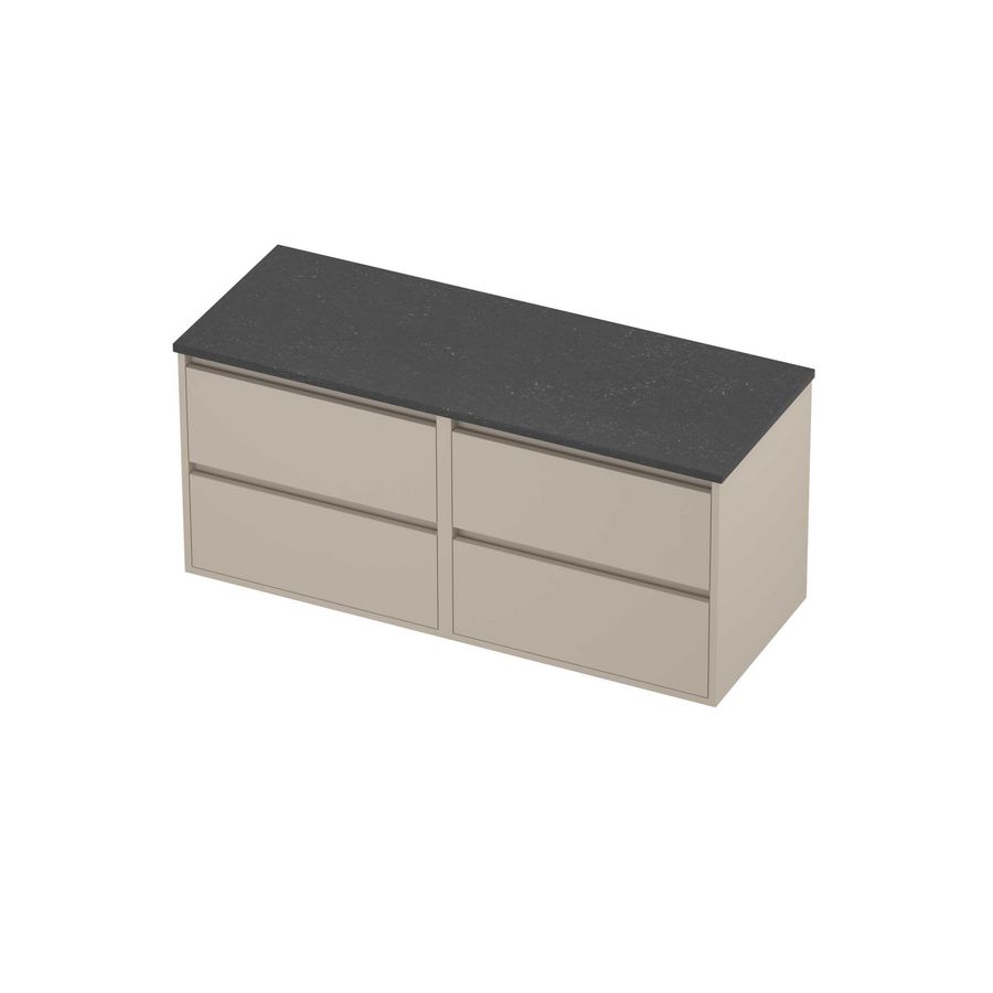 Deck Set Top afdekplaat hardsteen en onderkast greeploos 4 laden symmetrisch in kader 1200x460x540mm Blue stone/Soft linen