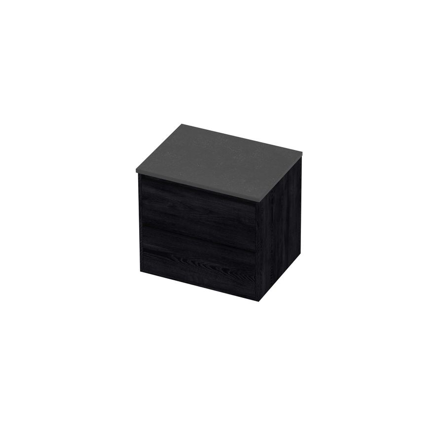 Deck Set Top afdekplaat hardsteen en onderkast greeploos 2 laden symmetrisch in kader 600x460x540mm Blue stone/Black oak