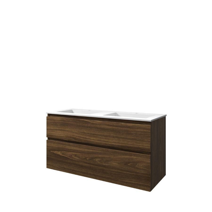 Set Proline polystone Elegant dubb. wastafel mat wit met 2 kraangaten onderkast asymmetrisch cabana oak 120x46cm