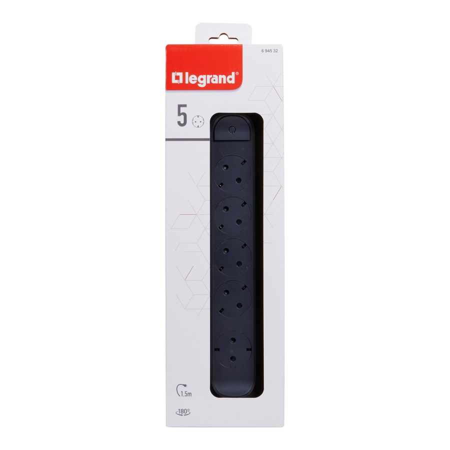 Contactdoos standaard 5x2P + A 1,5m. zwart VVE=5