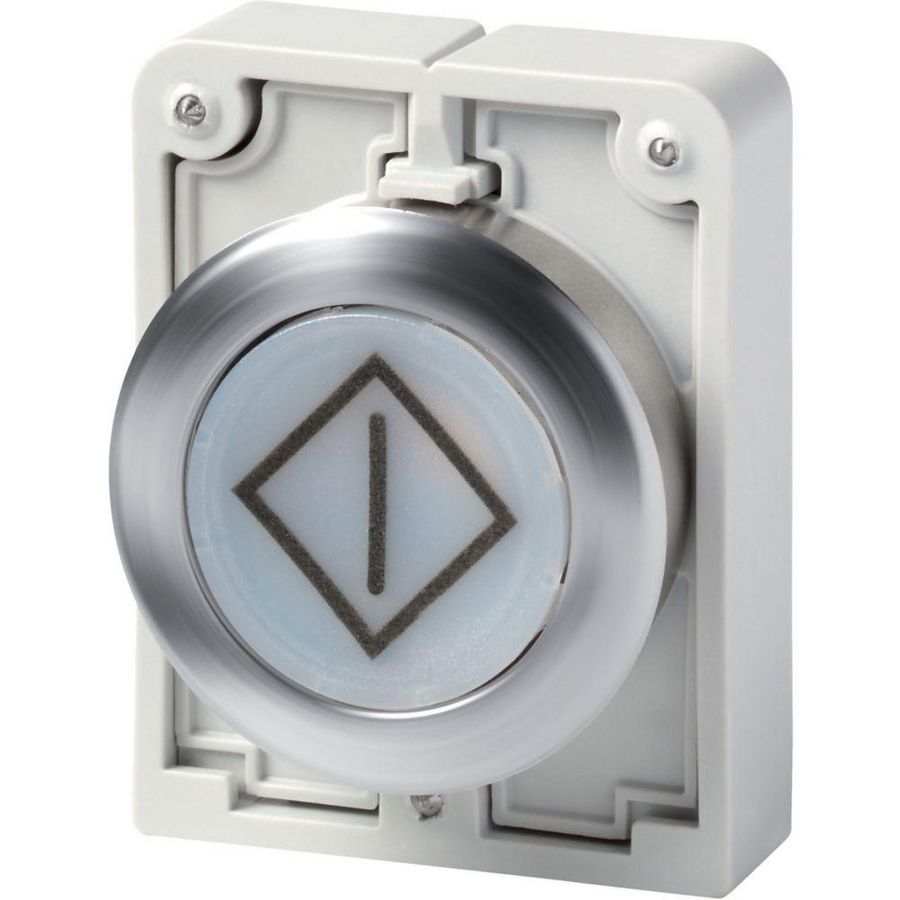 Signaaldrukknop 30mm RVS vlak wit met tekst X100 terugverend