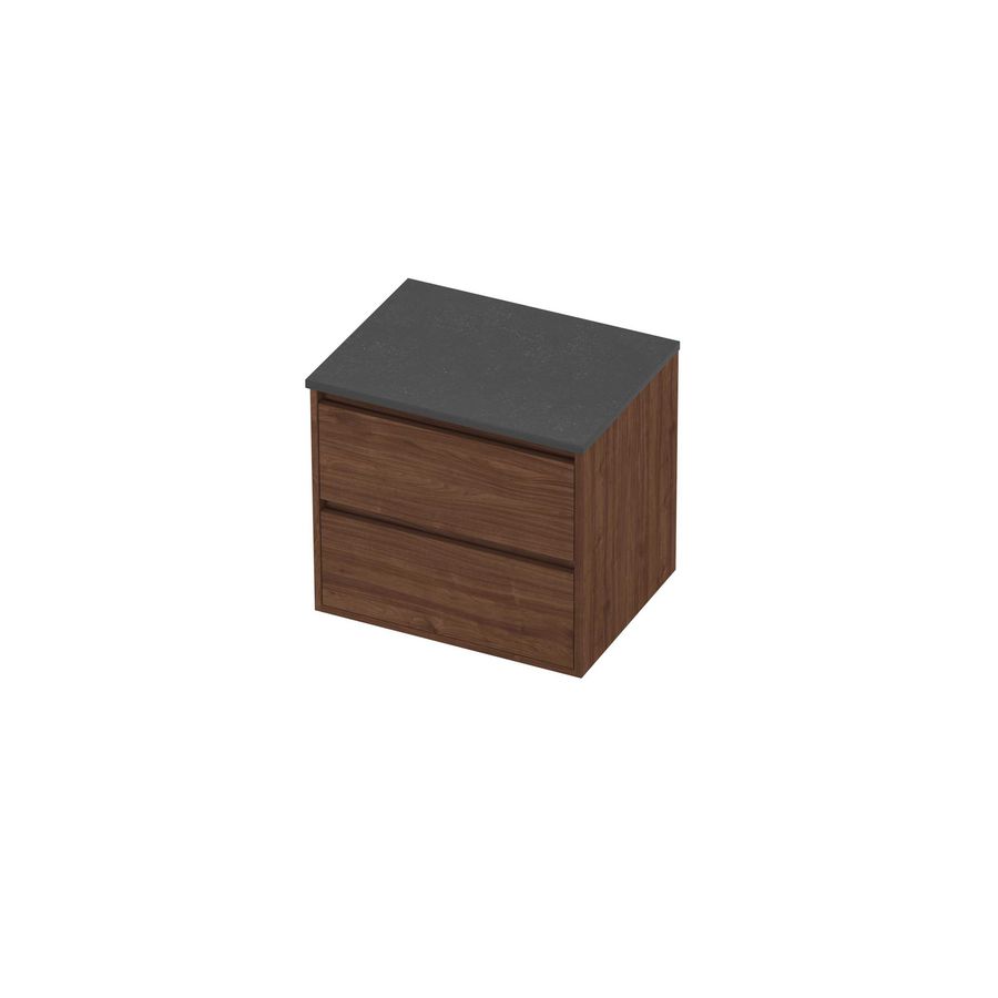 Deck Set Top afdekplaat hardsteen en onderkast greeploos 2 laden symmetrisch in kader 600x460x540mm Blue stone/Indian walnut