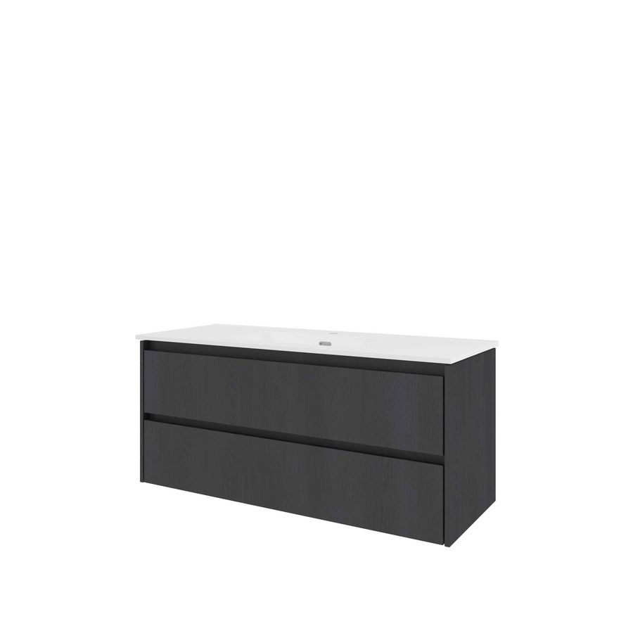Set Proline porselein Elegant enkele wastafel wit met 1 kraangat onderkast asymmetrisch black oak 120x46cm