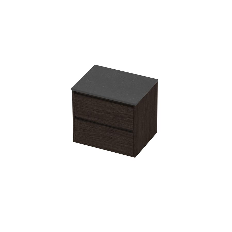 Deck Set Top afdekplaat hardsteen en onderkast greeploos 2 laden symmetrisch in kader 600x460x540mm Blue stone/Mokka oak