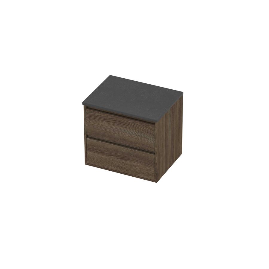 Deck Set Top afdekplaat hardsteen en onderkast greeploos 2 laden symmetrisch in kader 600x460x540mm Blue stone/Vital oak