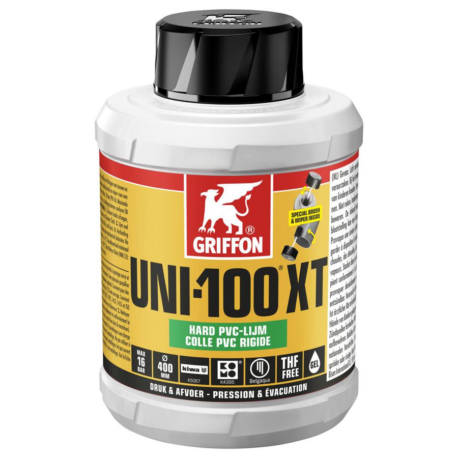 Hard PVC-lijm UNI-100XT (druk/afvoer) KOMO/KIWA pot Flacon 500ml VVE=12