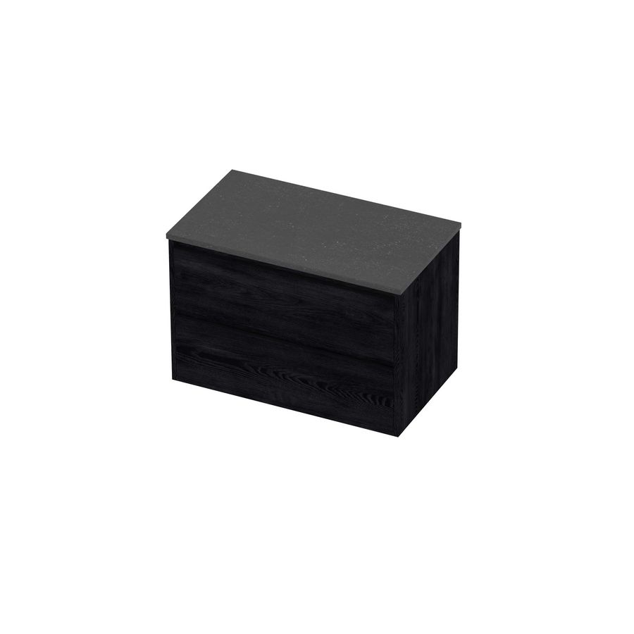 Deck Set Top afdekplaat hardsteen en onderkast greeploos 2 laden symmetrisch in kader 800x460x540mm Blue stone/Black oak