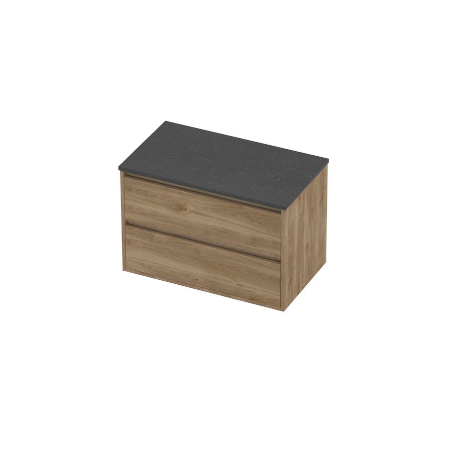 Deck Set Top afdekplaat hardsteen en onderkast greeploos 2 laden symmetrisch in kader 800x460x540mm Blue stone/Cider oak