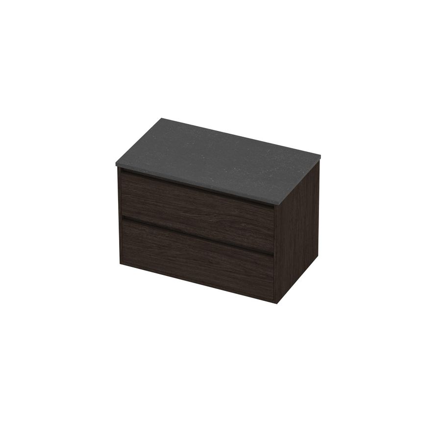 Deck Set Top afdekplaat hardsteen en onderkast greeploos 2 laden symmetrisch in kader 800x460x540mm Blue stone/Mokka oak