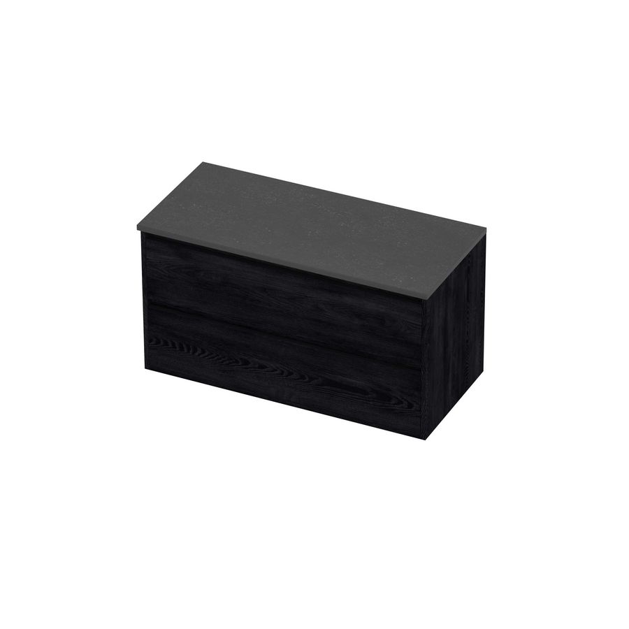 Deck Set Top afdekplaat hardsteen en onderkast greeploos 2 laden symmetrisch in kader 1000x460x540mm Blue stone/Black oak