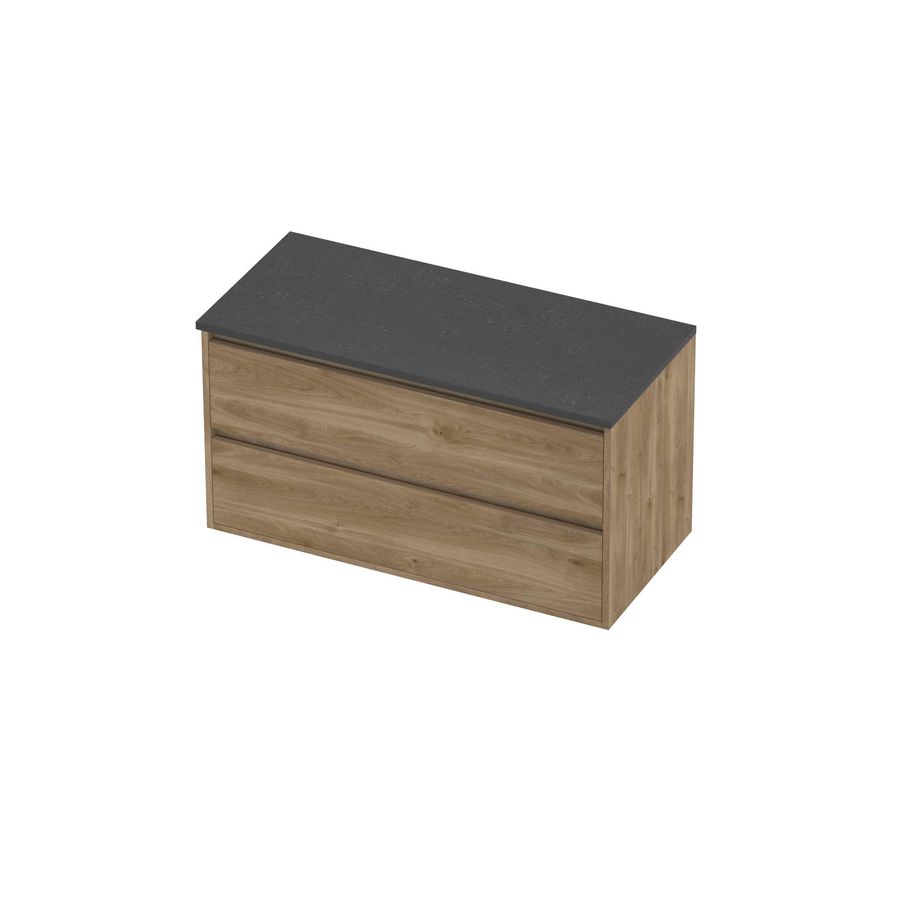 Deck Set Top afdekplaat hardsteen en onderkast greeploos 2 laden symmetrisch in kader 1000x460x540mm Blue stone/Cider oak