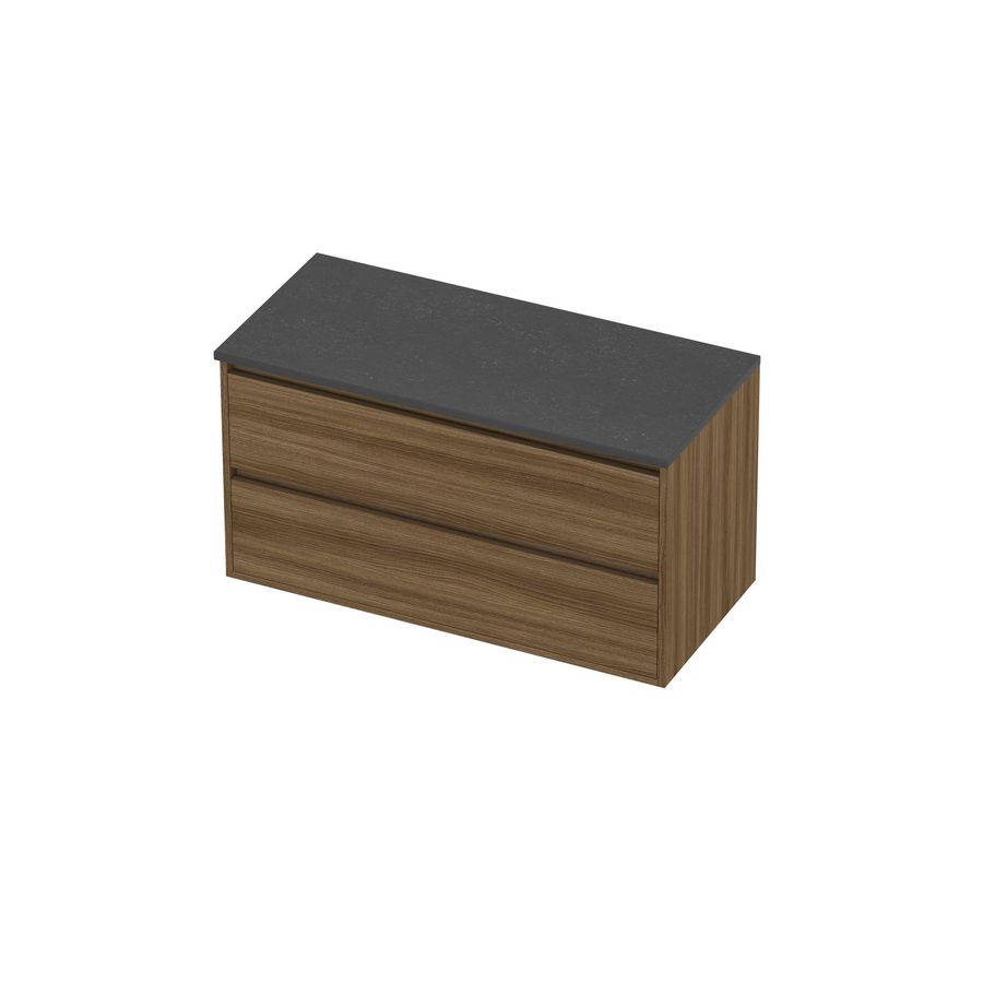 Deck Set Top afdekplaat hardsteen en onderkast greeploos 2 laden symmetrisch in kader 1000x460x540mm Blue stone/Caramel walnut