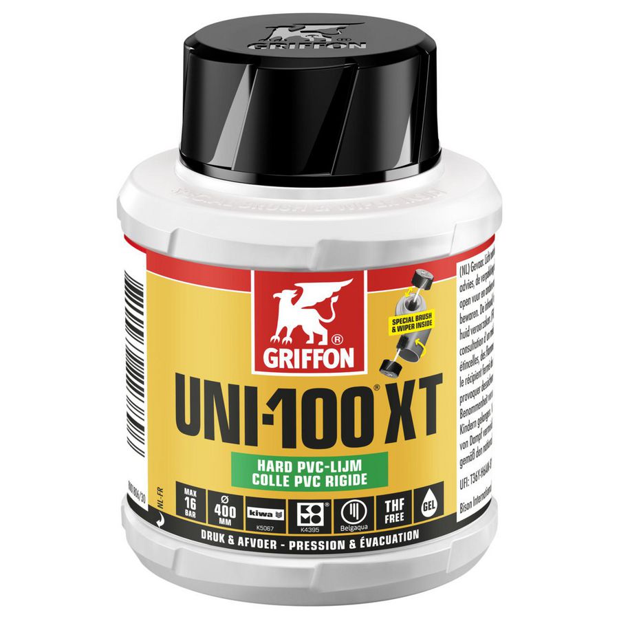 Hard PVC-lijm UNI-100XT (druk/afvoer) KOMO/KIWA pot Flacon 250ml VVE=24