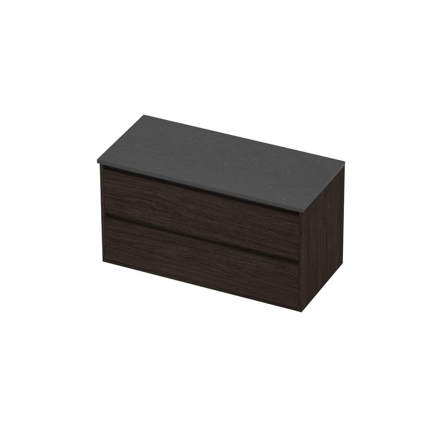 Deck Set Top afdekplaat hardsteen en onderkast greeploos 2 laden symmetrisch in kader 1000x460x540mm Blue stone/Mokka oak