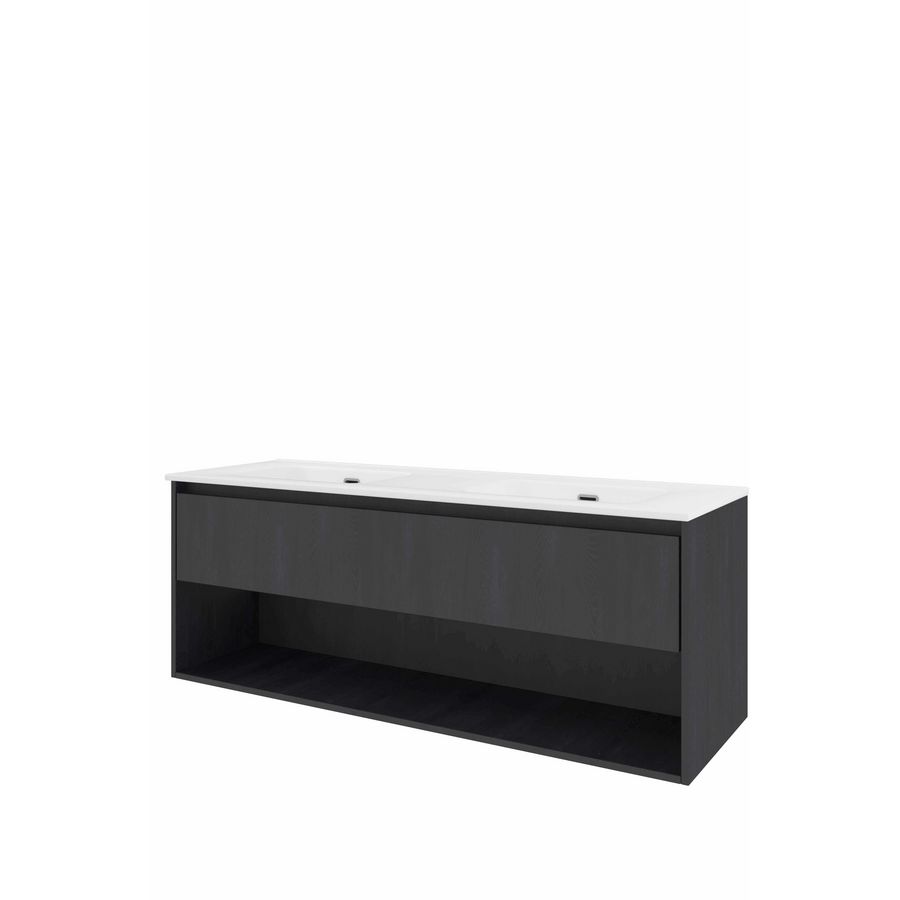 Set Proline porselein Elegant dubb. wastafel wit zonder kraangat onderkast 1x lade+schap black oak 140x46cm