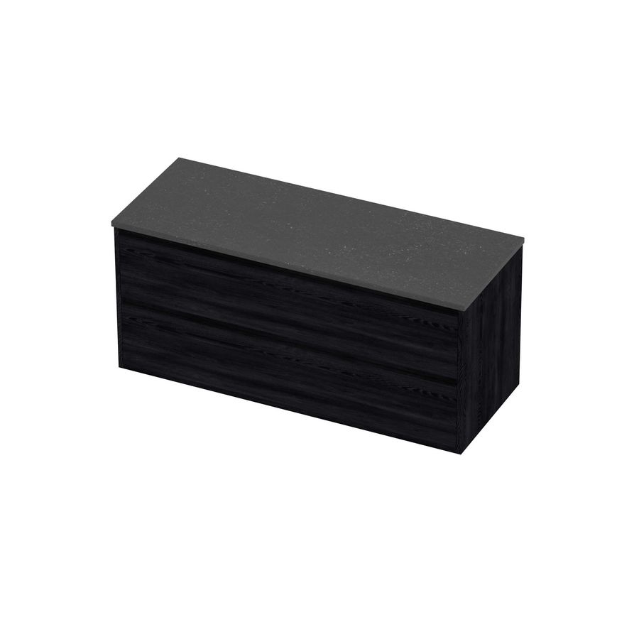Deck Set Top afdekplaat hardsteen en onderkast greeploos 2 laden symmetrisch in kader 1200x460x540mm Blue stone/Black oak