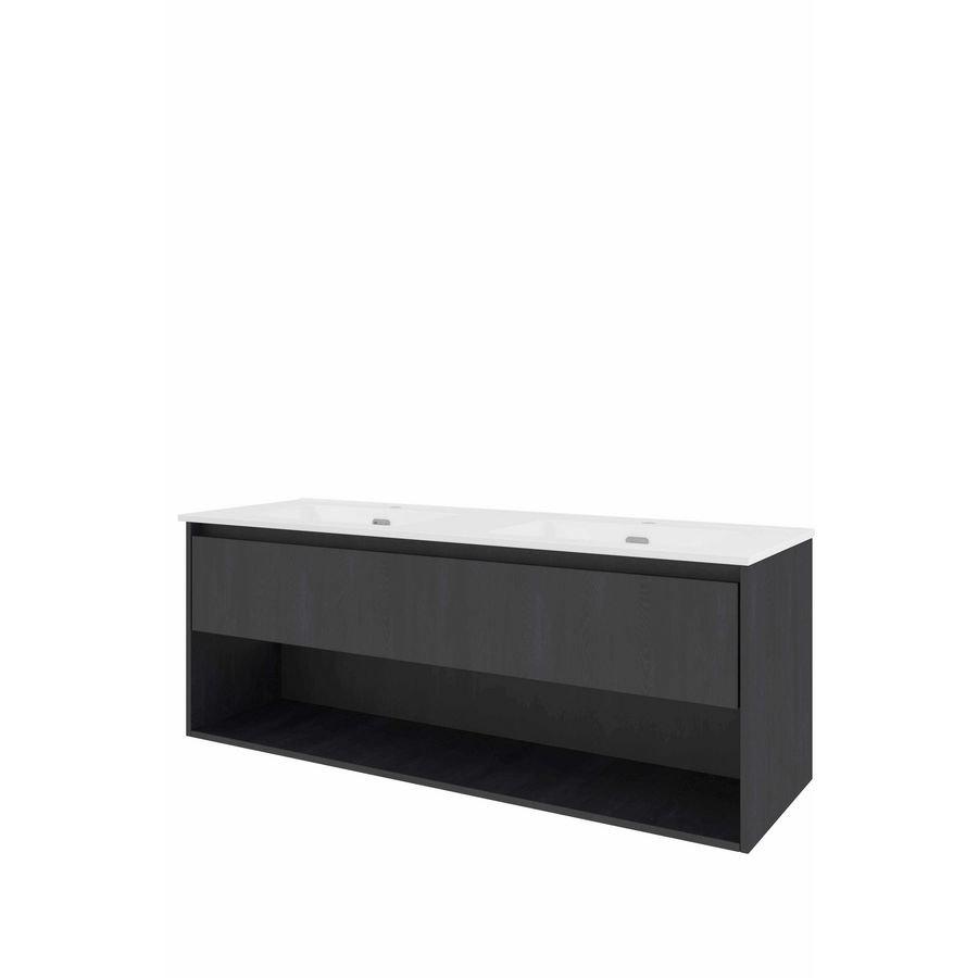 Set Proline porselein Elegant dubb. wastafel wit met 2 kraangaten onderkast 1x lade+schap black oak 140x46cm