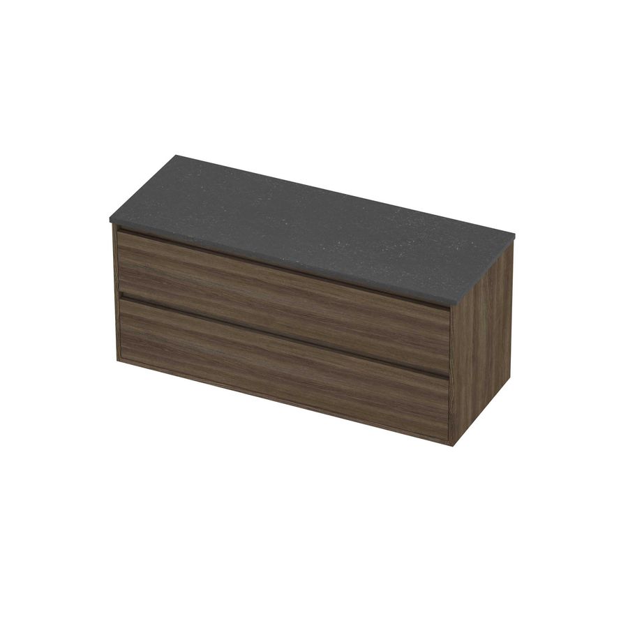 Deck Set Top afdekplaat hardsteen en onderkast greeploos 2 laden symmetrisch in kader 1200x460x540mm Blue stone/Vital oak