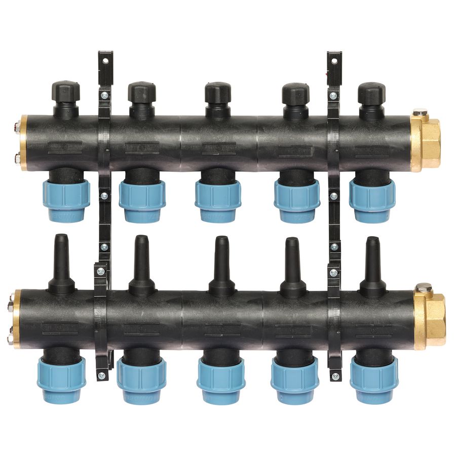 Brineverdeler 4410 11/4" kunststof + PE-koppeling 32mm 5-groepen