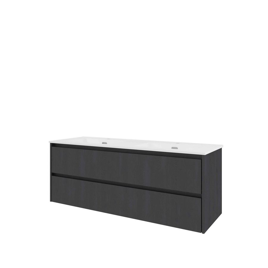 Set Proline porselein Loft dubb. wastafel wit met 2 kraangaten onderkast symmetrisch black oak 140x46cm