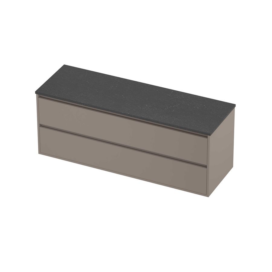 Deck Set Top afdekplaat hardsteen en onderkast greeploos 2 laden symmetrisch in kader 1400x460x540mm Blue stone/Clay beige