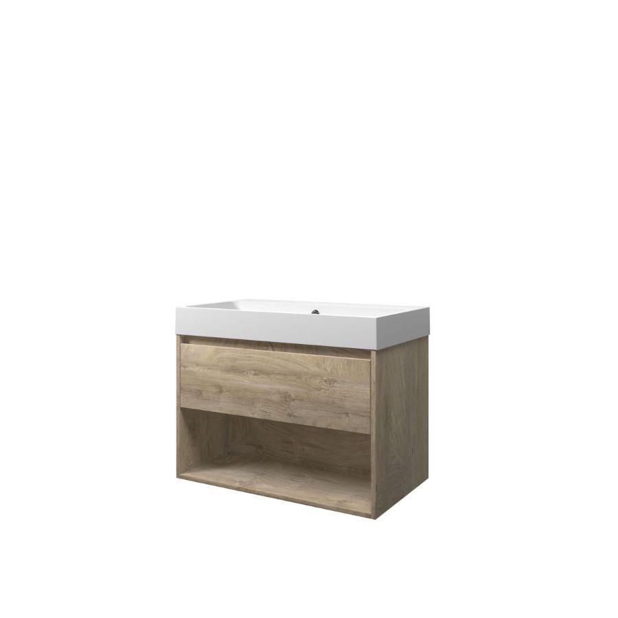 Set Proline polystone Loft wastafel mat wit zonder kraangat onderkast 1x lade+schap raw oak 80x46cm