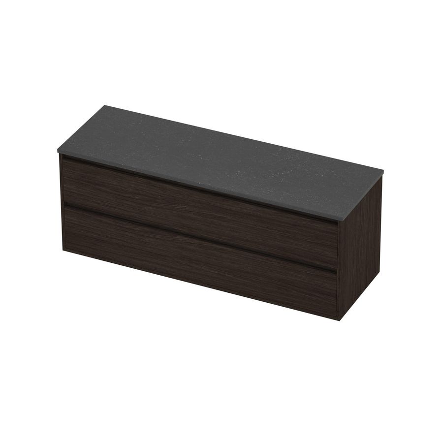 Deck Set Top afdekplaat hardsteen en onderkast greeploos 2 laden symmetrisch in kader 1400x460x540mm Blue stone/Mokka oak