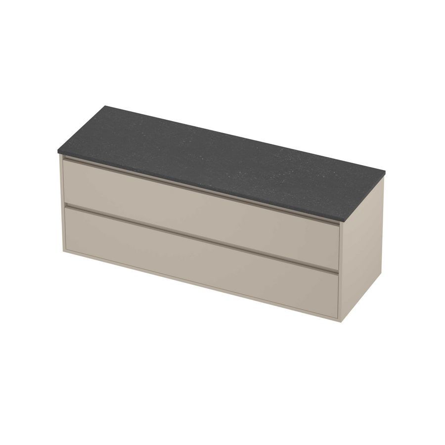 Deck Set Top afdekplaat hardsteen en onderkast greeploos 2 laden symmetrisch in kader 1400x460x540mm Blue stone/Soft linen