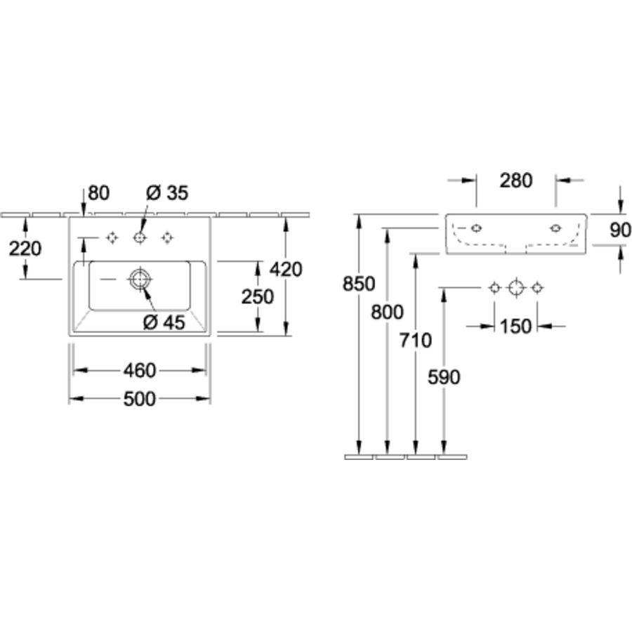 Memento wastafel 500x420mm wit C+ met kraangat + overloop