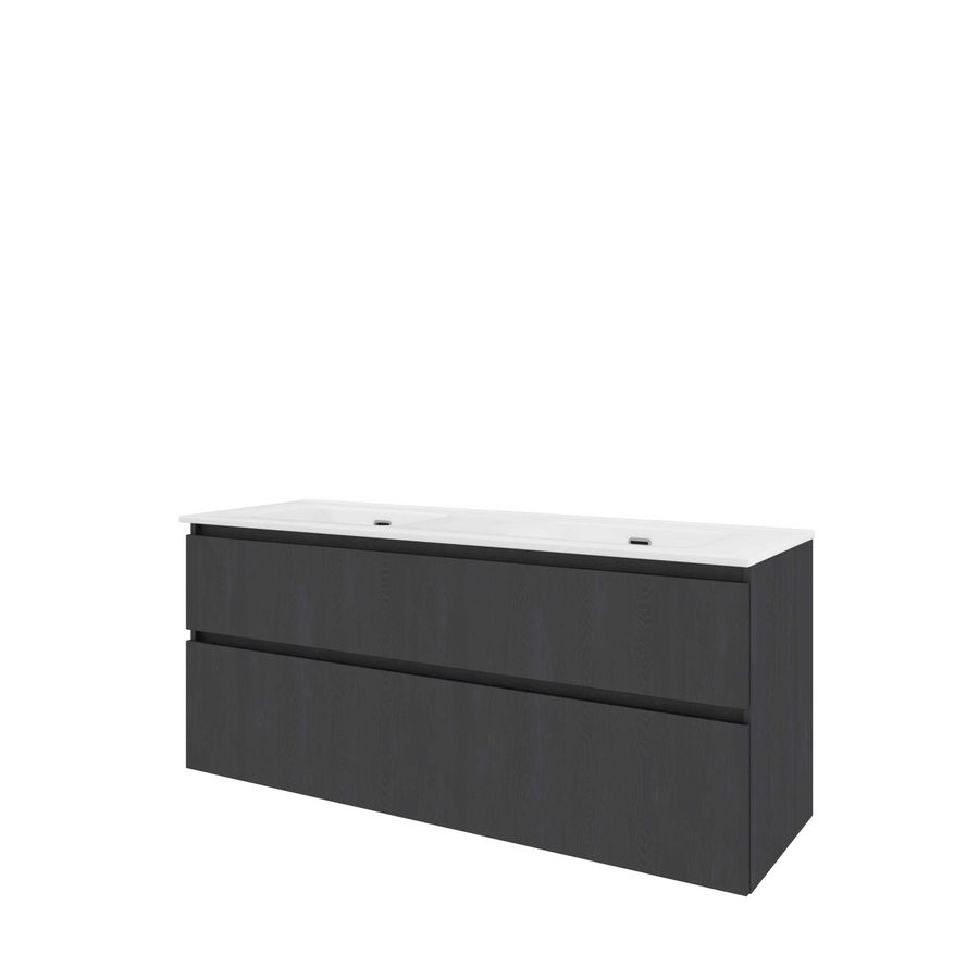 Set Proline porselein Loft dubb. wastafel wit met 2 kraangaten onderkast symmetrisch black oak 140x46cm