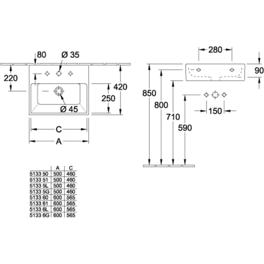 Memento meubelwastafel 600x420mm wit met kraangat + overloop onderzijde geslepen