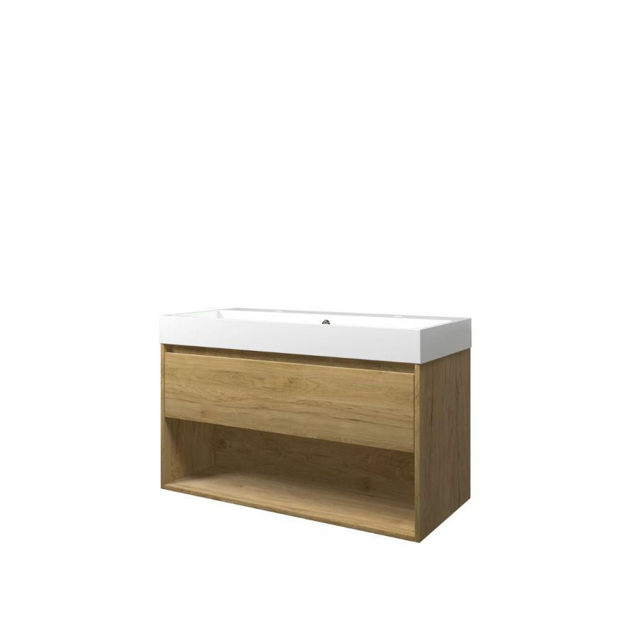 Set Proline polystone Loft wastafel glans wit met 2 kraangaten onderkast 1x lade+schap ideal oak 100x46cm