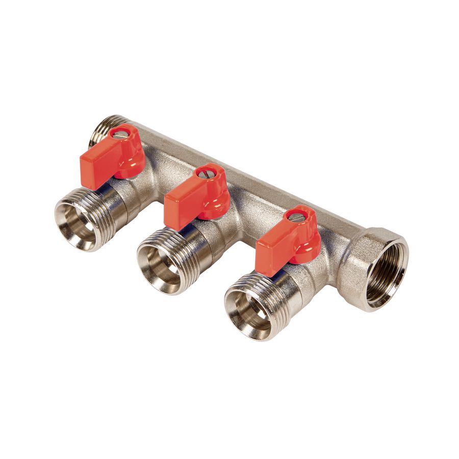Verdeler 3/4" met 3 uitgangen euroconus incl. kogelkranen rood
