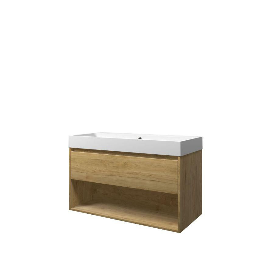 Set Proline polystone Loft wastafel mat wit zonder kraangat onderkast 1x lade+schap ideal oak 100x46cm